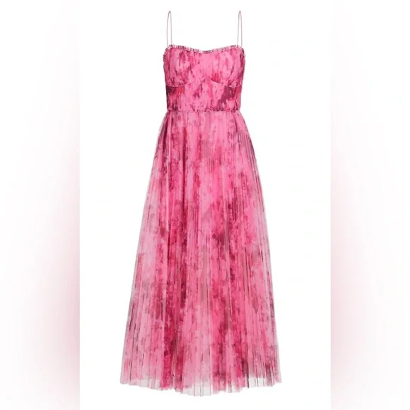 ML Monique Lhuillier Pleated Printed Tulle Midi Dress Women Size 8 - Picture 14 of 14
